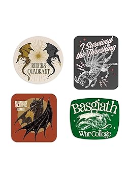 The image is a collection of four stickers. In the far left is a round sticker with two dragons with a sun in the middle, with "Rider's Quadrant" underneath, the one to the right is a square sticker with "I survived the Threshing" with a dragon underneath. In the lower left corner is a square sticker with a circle in the middle with two dragons and the words "Dragons always know," and in the far right corner is a green sticker with "Basgiath War College" with a dragon in the middle.