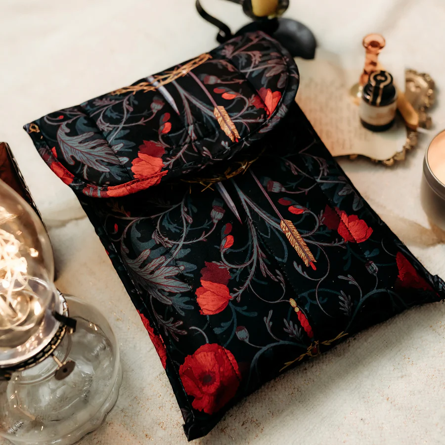 The image features a book sleeve designed with flowers and swirls and a feather tie to close it. In the background, there is a light bulb and a metal string.
