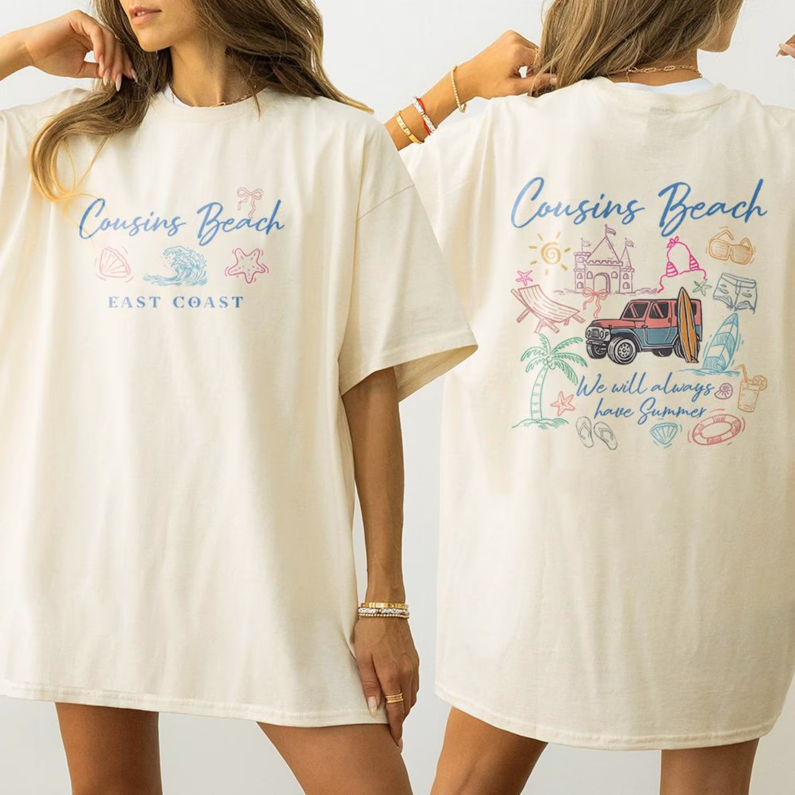 This image features a woman wearing a t-shirt with Cousins Beach on the front with a seashell, a wave, and the East Coast. On the back of the shirt features Cousins Beach, a pink jeep with a surfboard surrounded by a palm tree, sunglasses, a chair, flip flops, a drink, and a sand castle.