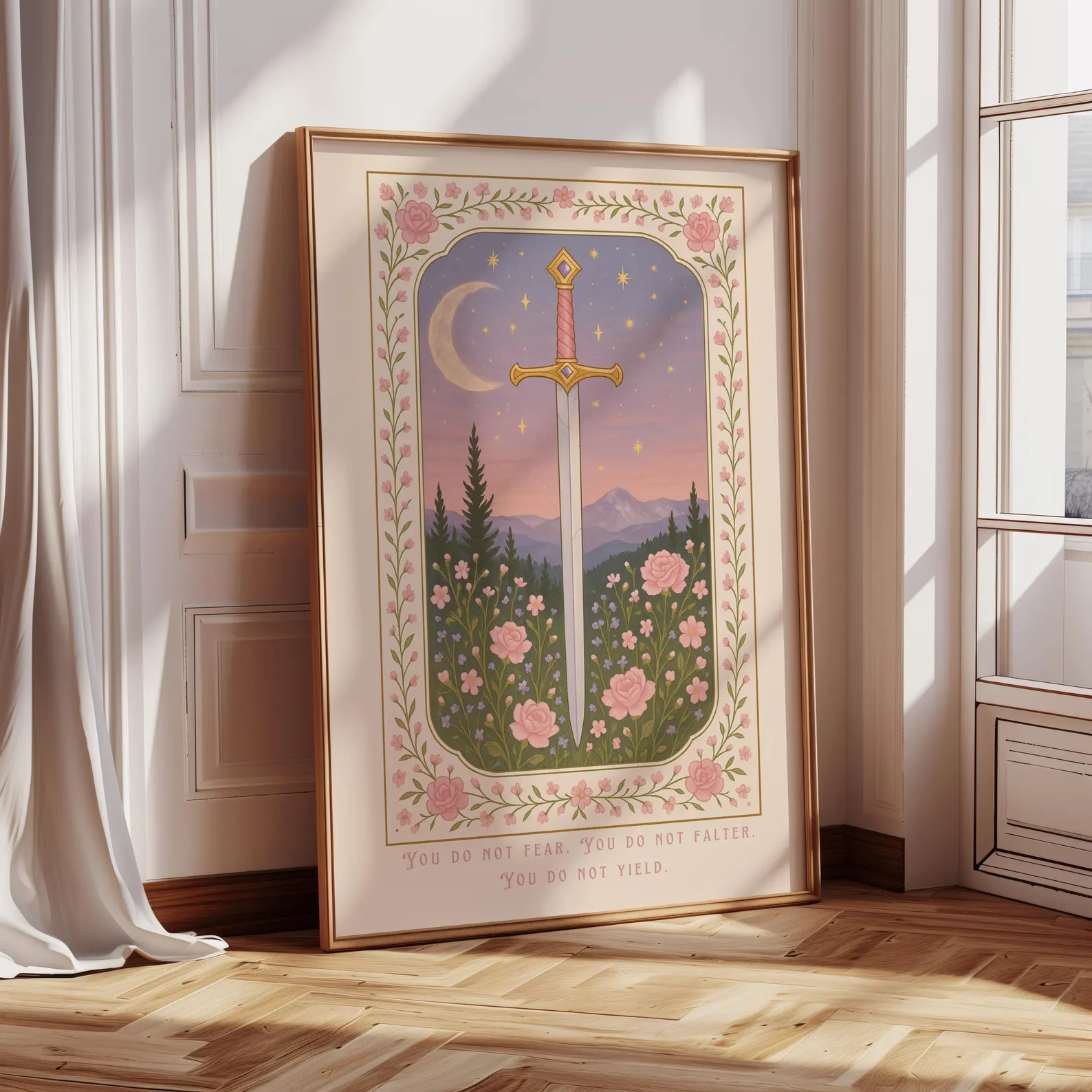 The image features a room with a standing painting with a sword, mountains, a moon, and stars in the middle, with flowers surrounding the sides. At the bottom, there is a saying, " You Do Not Fear You Do Not Falter You Do Not Yield".