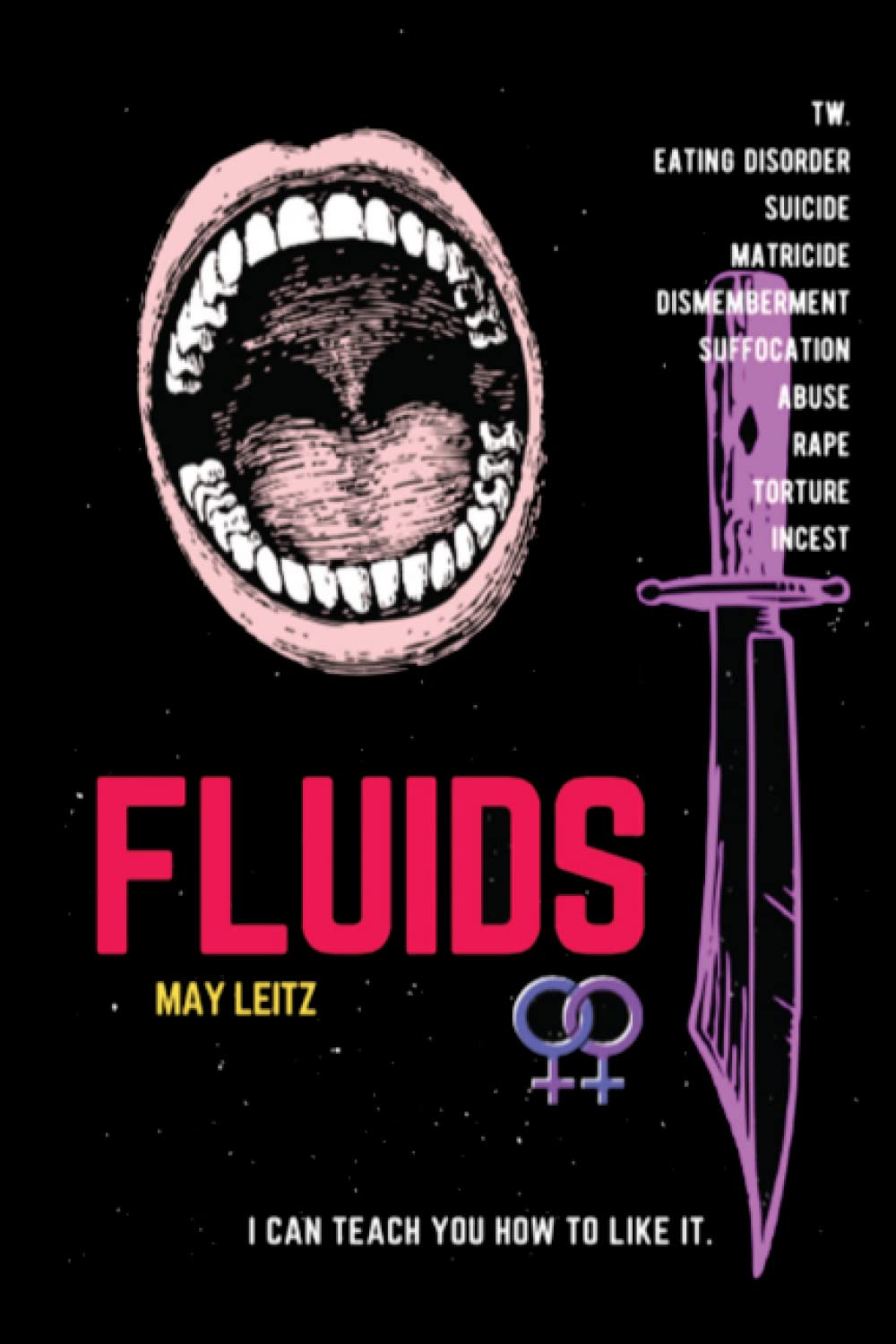 Fluids by May Leitz, a horror book cover depicting black backdrop with various symbols, including an open mouth baring teeth, a knife, and two female symbols. The title is in bright coral letters while a list of trigger warnings is on the top right.