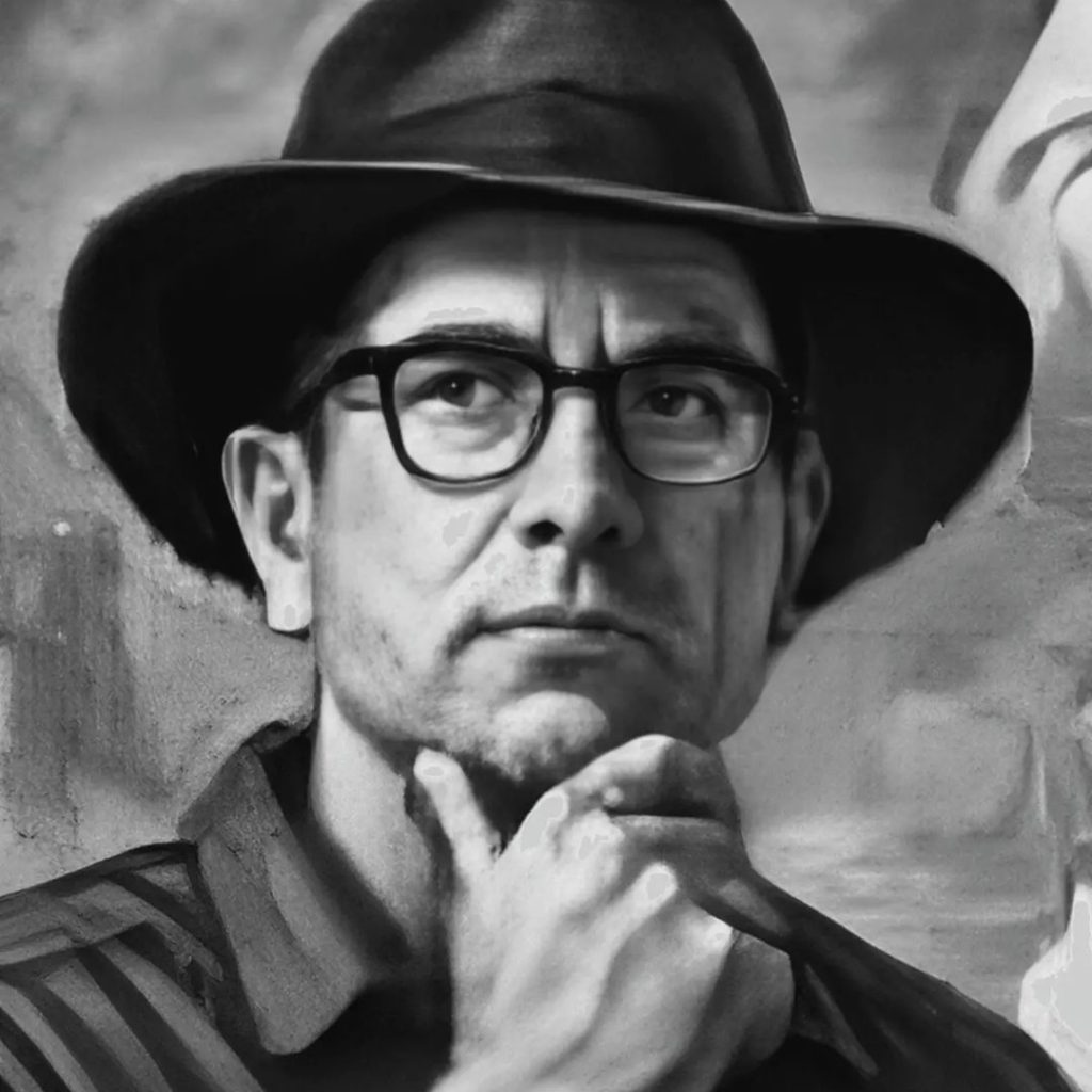 James E. Clark looking off to the side as he poses with his chin in his hand. He wears a brimmed hat, a pair of black glasses, and a collared button-up shirt.