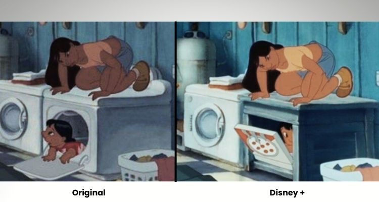 A side-by-side comparison of two versions of an animated scene, labeled "Original" on the left and "Disney+" on the right. Both panels depict characters in a laundry room setting with washing machines and laundry baskets. The scene appears to show the same sequence but with some visual differences between the two versions, illustrating changes made between different releases or platforms of the animated content.