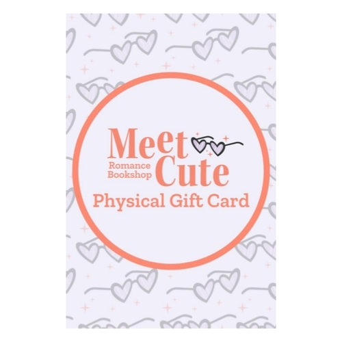 Gift card design with pastel heart patterns and a coral circle enclosing "Meet Cute Romance Bookshop Physical Gift Card" text, with heart-shaped glasses.