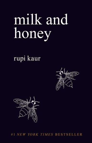 Book cover of "Milk and Honey" by Rupi Kaur. Black background with white text, featuring two simple white line drawings of bees.