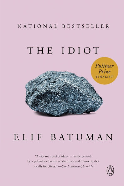 Pink book cover of "The Idiot" by Elif Batuman, featuring a gray rock and a gold Pulitzer Prize Finalist badge.
