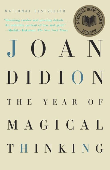 Book cover of "The Year of Magical Thinking" by Joan Didion. Beige background with black text, a National Book Award Winner seal, and a New York Times review.