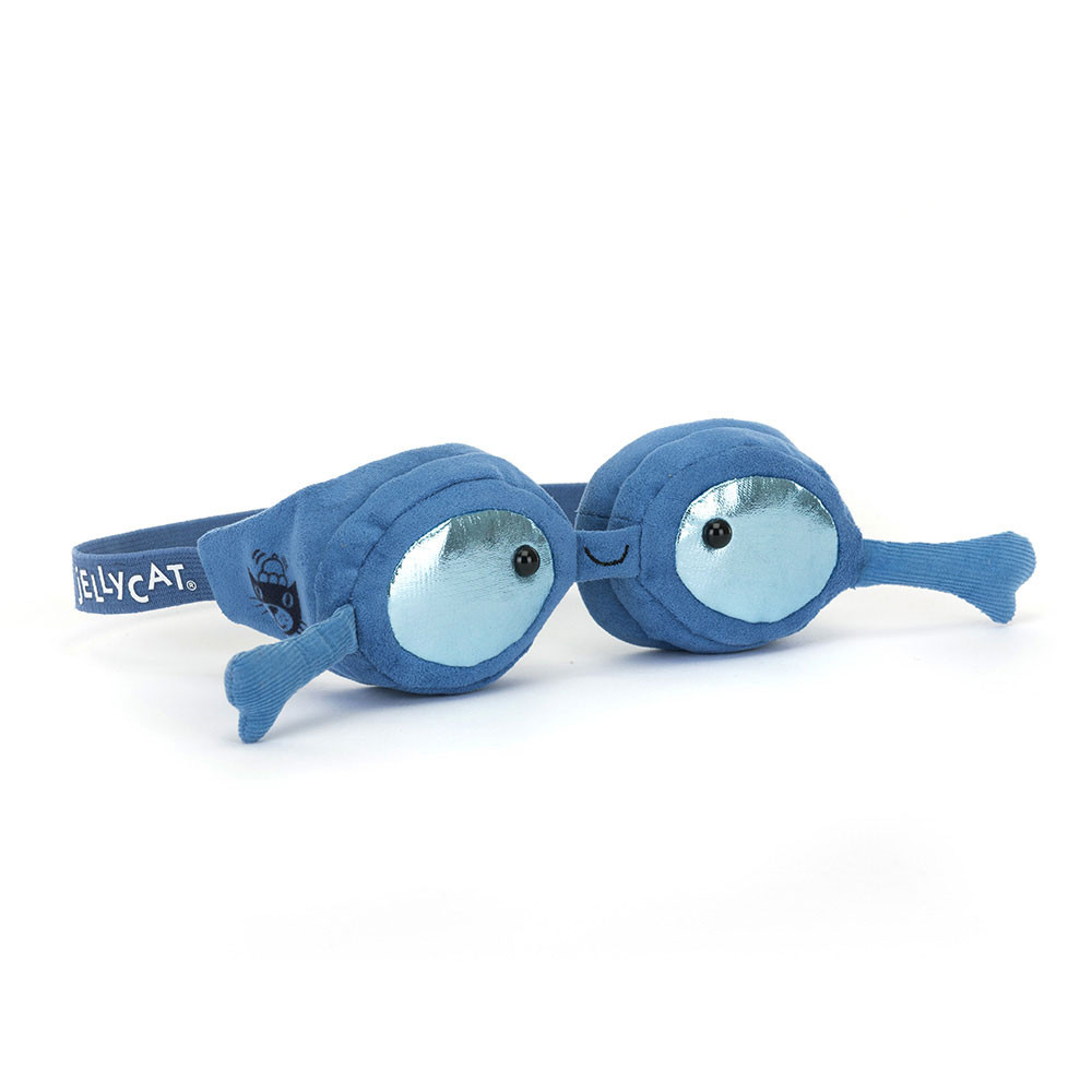 Blue plush goggles with metallic silver lenses, a smiling face, and little arms on each side. The plush strap reads "Jellycat."