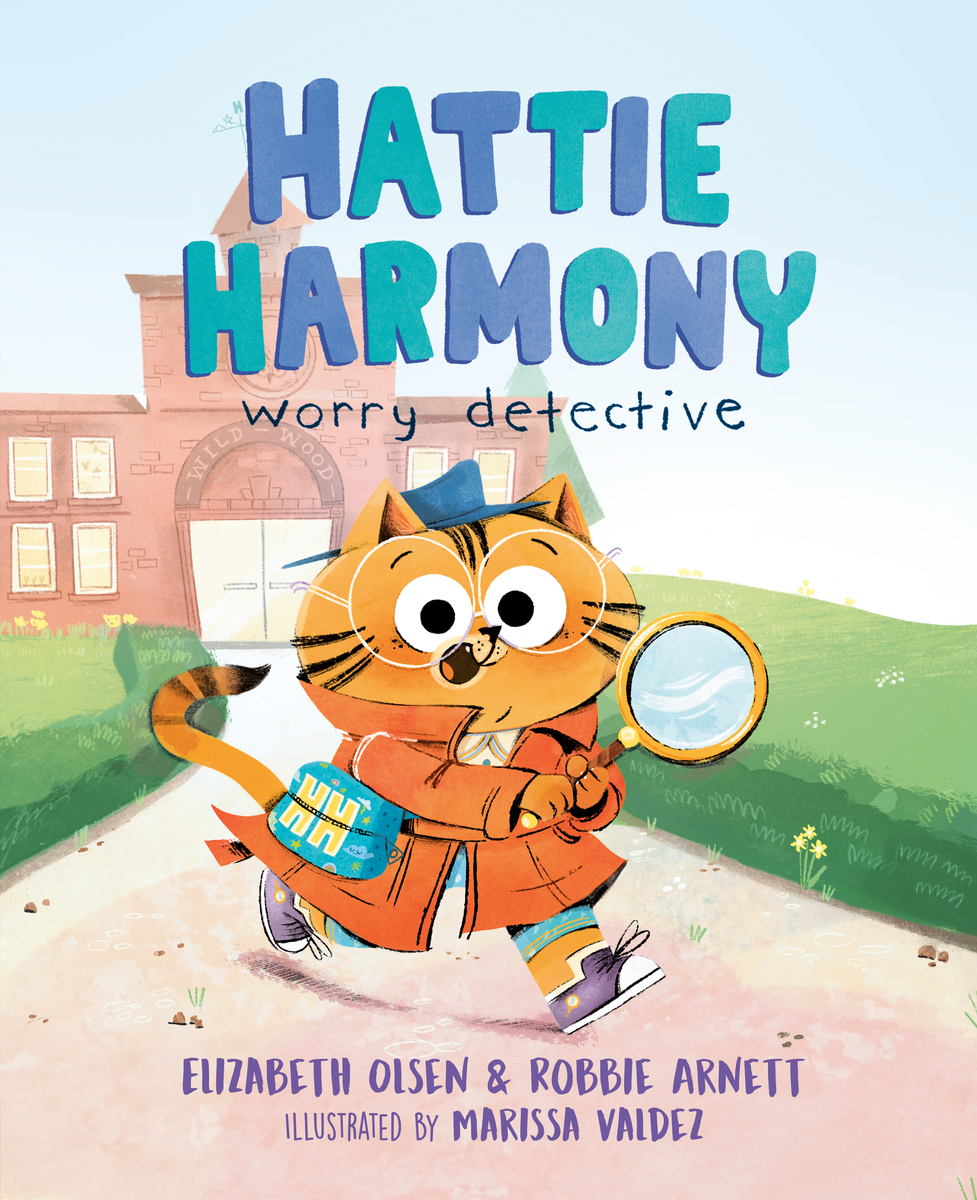 Illustrated book cover of "Hattie Harmony: Worry Detective" features an animated cat in a detective outfit holding a magnifying glass. The cat looks curious and confident, standing in front of a school building.