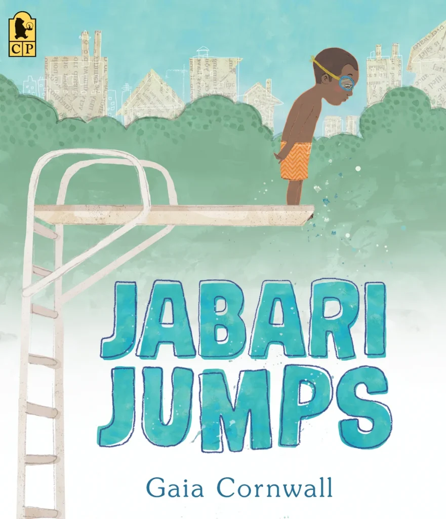 Young boy stands poised on a diving board, wearing orange trunks and goggles, against a cityscape backdrop. Text reads "Jabari Jumps" by Gaia Cornwall.
