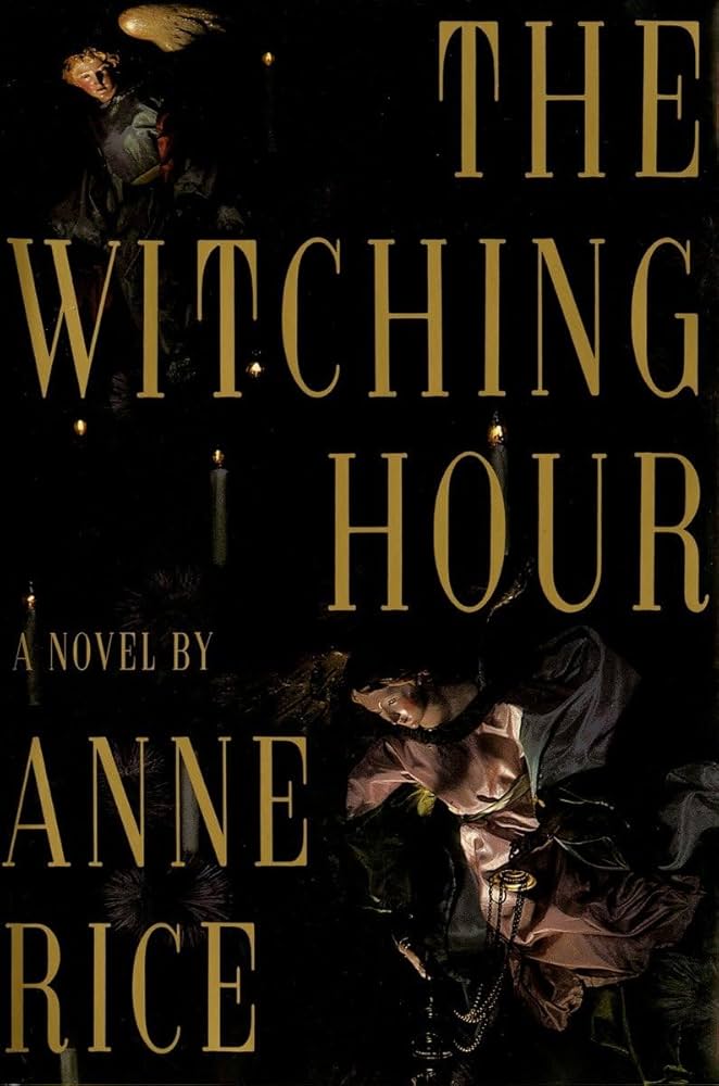 The Witching Hour by Anne Rice, depicting two angel statues against a black background.