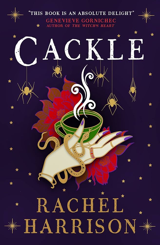 Cackle by Rachel Harrison, depicting a steaming beverage placed in a hand, against a purple background.