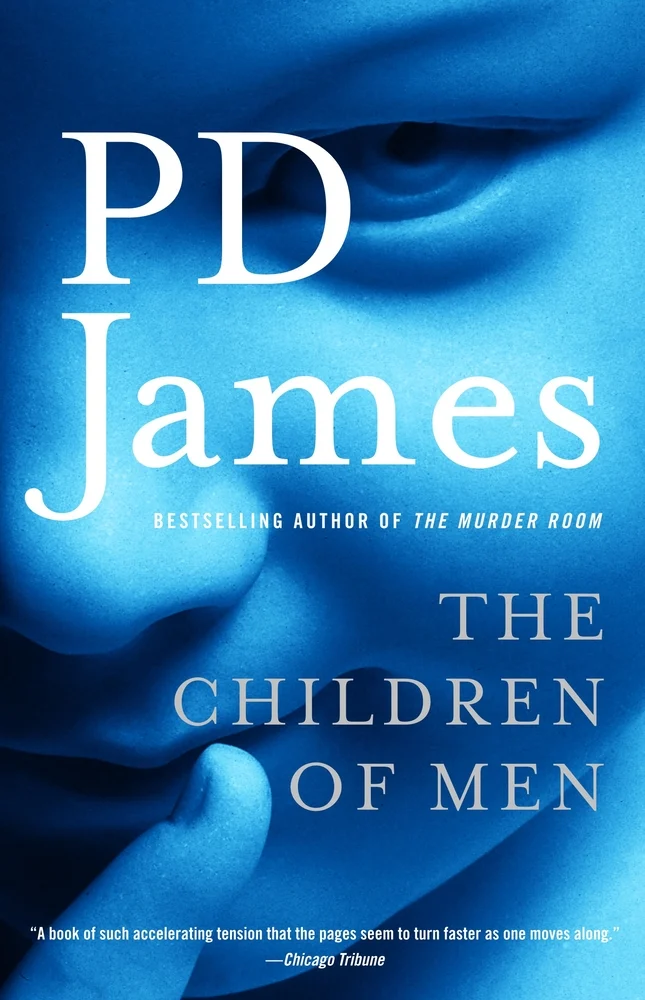 The Children of Men by P.D. James features a child's face covering the cover with a finger in front of their mouth.