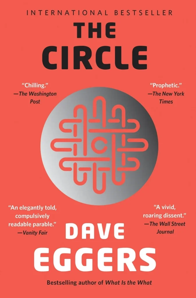 The Circle by Dave Eggers features a silver circle with a microchip esc structure in the middle of it.