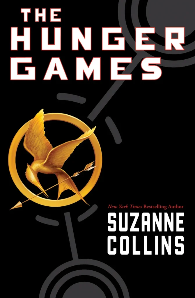 Hunger Games by Suzanne Collins features a black cover with a gold mockingjay pin with an arrow through it.