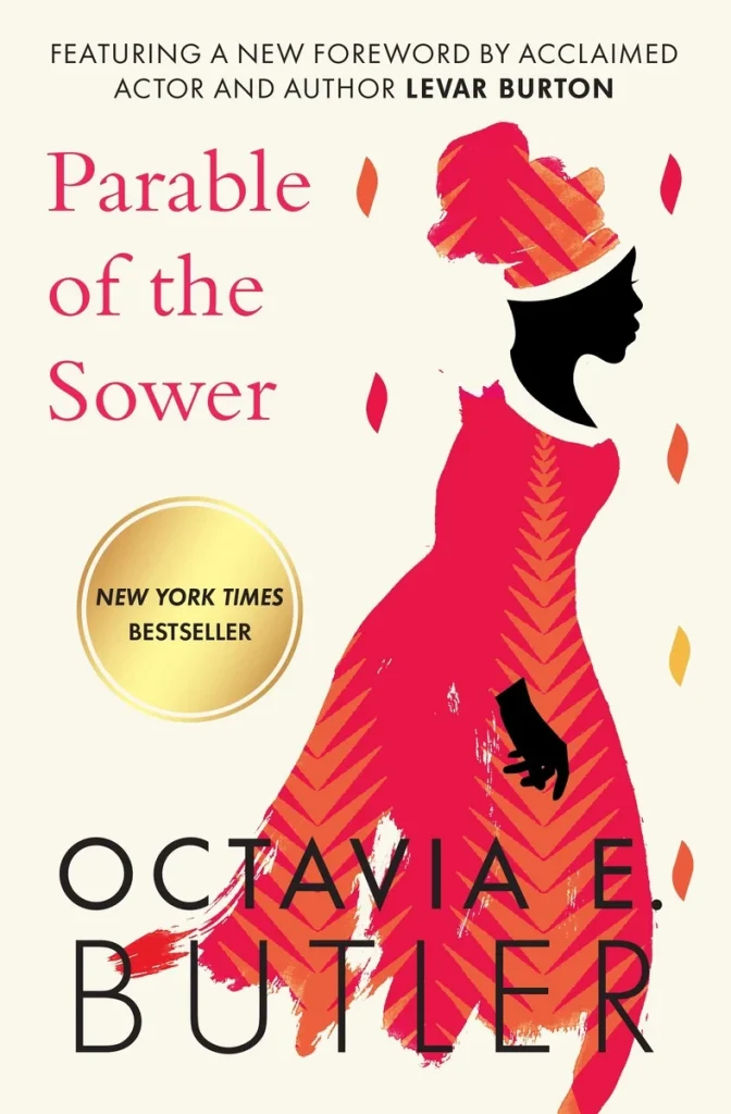 Parable of the Sower by Octavia E. Butler features a Black woman in traditional garments with jewels surrounding her.