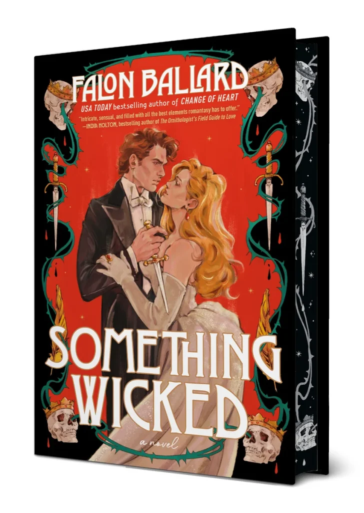 A formally dressed couple lock eyes amid a red background detailed with skull and flame motifs, capturing the romantic and mysterious feel of Something Wicked, a moody contemporary romance, by Falon Ballard.