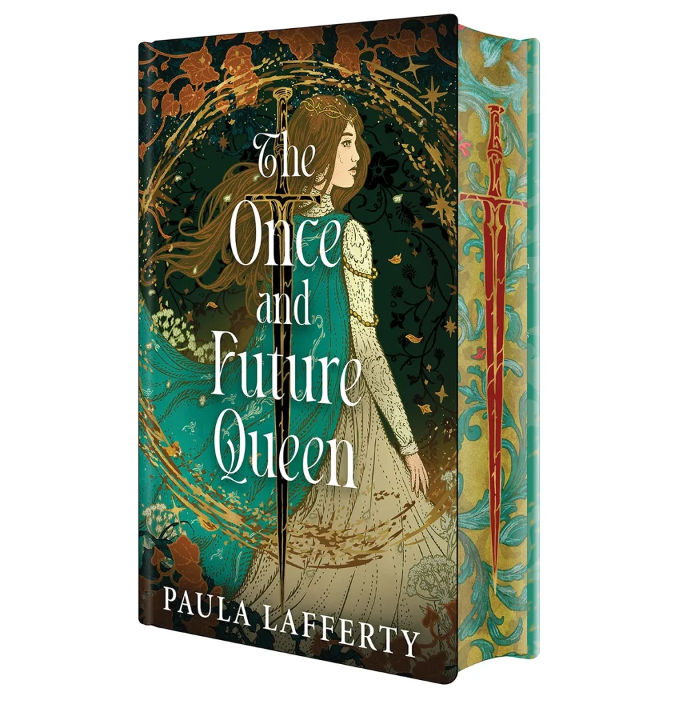 Illustrated book cover of "The Once and Future Queen", a historical fiction, by Paula Lafferty. A woman with long hair stands in a decorative gown, holding a sword. Earthy colors and intricate patterns create a mystical atmosphere.