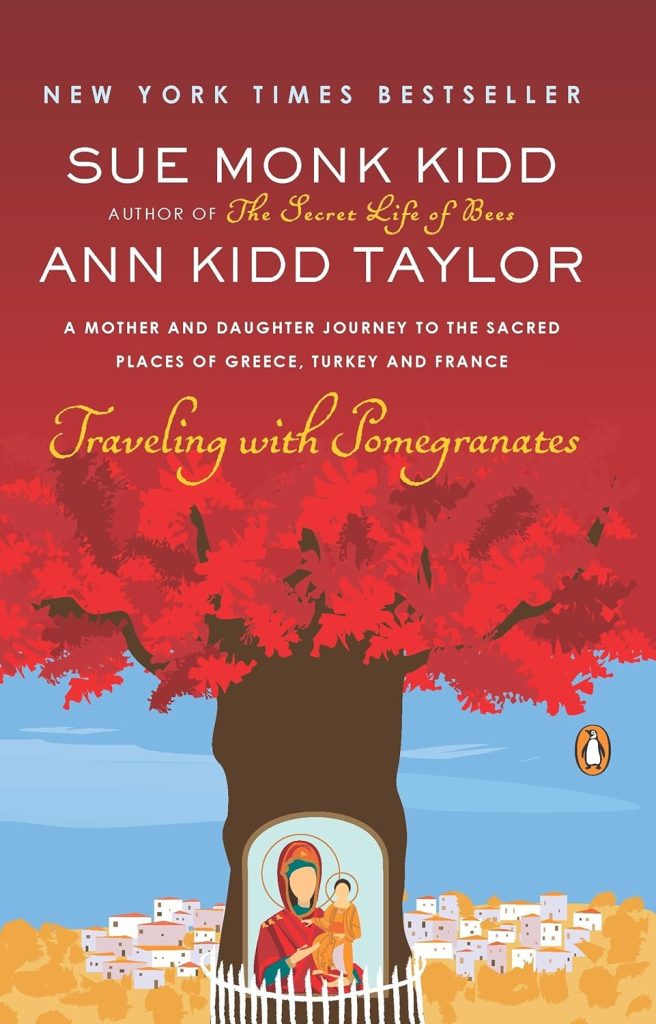 Traveling with Pomegranates by Sue Monk Kidd and Ann Kidd Taylor book cover depicts a red tree with sacred mother daughter figures within the trunk of the tree.