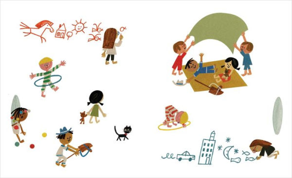 Illustrated children play with hula hoops, toy horses, and balls, on an interior page from 'Another' by Christian Robinson. Others draw on walls and build a tent. The scene is colorful and joyful, no text is on this page.