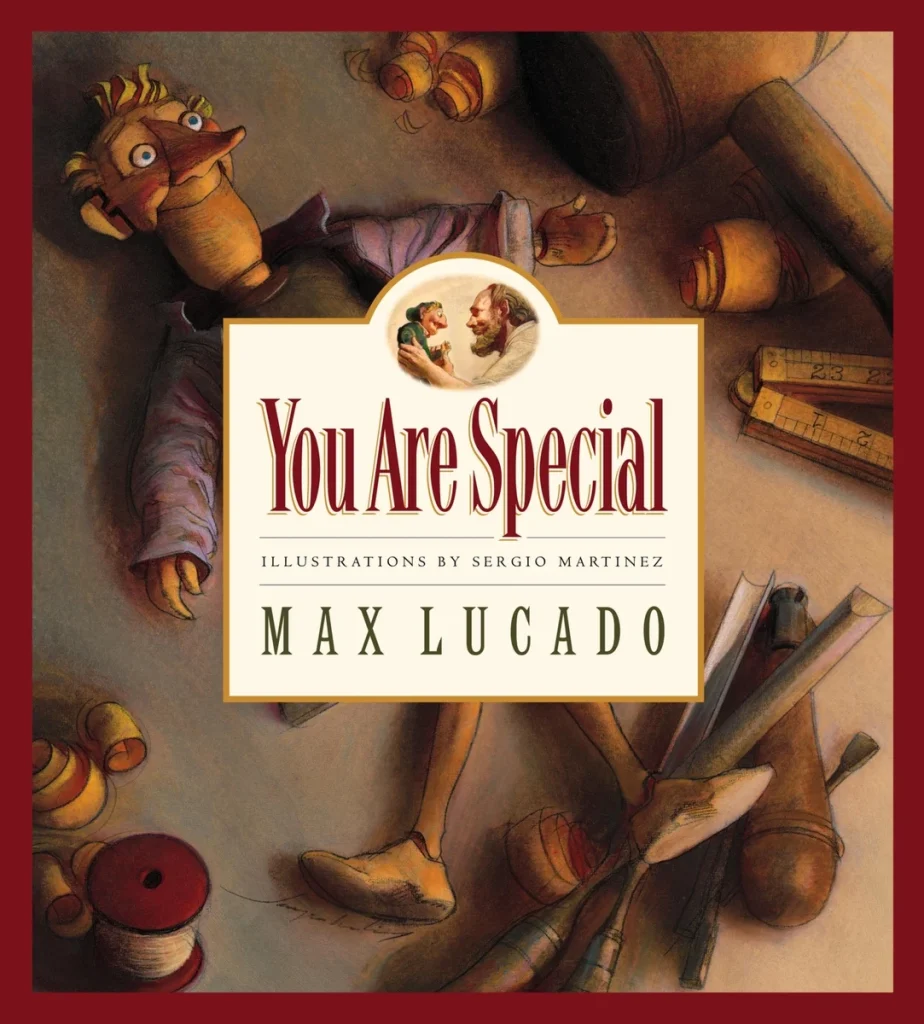 The book cover for You Are Special by Max Lucado. A wooden puppet lies among tools, conveying a handcrafted, warm atmosphere. Central inset shows a man and puppet.