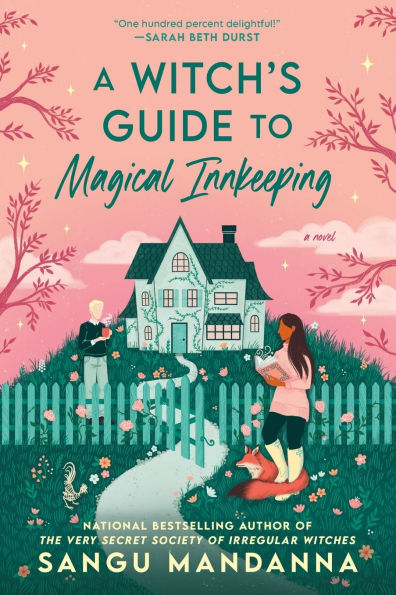 Book cover of "A Witch's Guide to Magical Innkeeping" by Sangu Mandanna features a green cottage, two figures, and a white dog. Pink sky and foliage create a magical, inviting atmosphere.