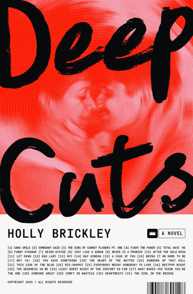Book cover of "Deep Cuts" by Holly Brickley features bold black text over a swirling red pattern containing two men embracing.