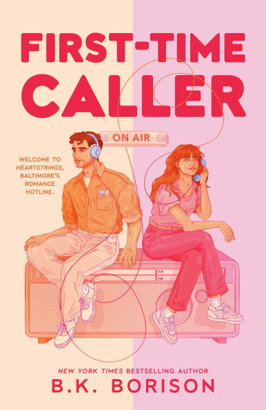 Book cover of "First-Time Caller" by B. K. Borison. A man and woman with headphones sit on a large radio.