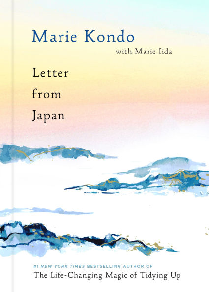 Book cover of "Letter from Japan" by Marie Kondo and Marie Iida. Features abstract watercolor mountains under a serene pastel sky.