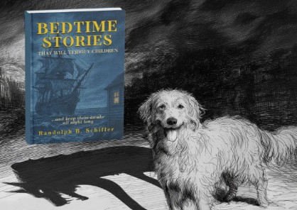 Bedtime stories book cover next to a sketch of a golden retriever whose shadow looks like a terrifying wolf.