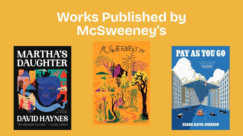 Three book covers on a yellow background labeled 'Works Published by McSweeney's.' 'Martha's Daughter' has a bold, colorful face illustration. 'McSweeney's 70' features vibrant, abstract shapes and figures in orange. 'Pay As You Go' shows a cityscape with blue skies and cars.