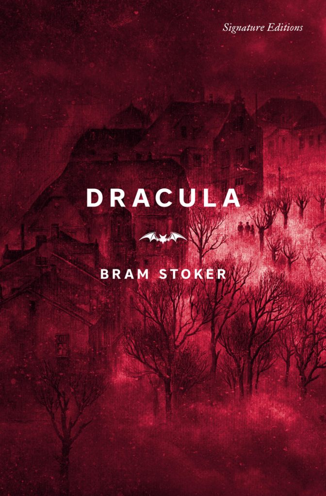 Red book cover of "Dracula" by Bram Stoker. Dark, eerie landscape with bare trees and silhouette of a castle. Foreboding, mysterious atmosphere.