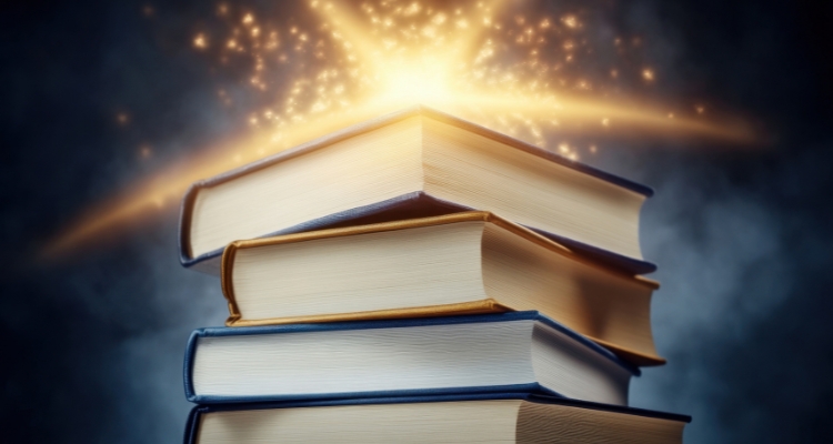 A stack of books with a glowing, magical light emanating from the top one against a dark, foggy background.