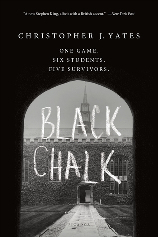 Black Chalk by Christopher J. Yates, a mystery novel depicting an alleyway leading to a university in black and white.