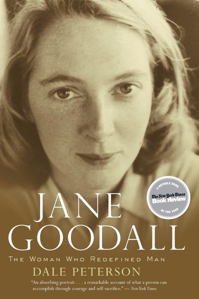 Jane Goodall, biography by Dale Peterson book cover depicts a black and white photo of a young Jane Goodall looking straight ahead.