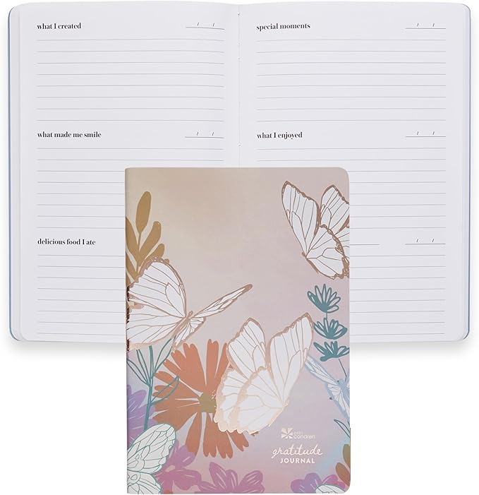 Erin Condren's Petite Planner Gratitude Journal depicting a small journal cover with butterflies and flowers ona beige background against an open journal with lines and prompts.