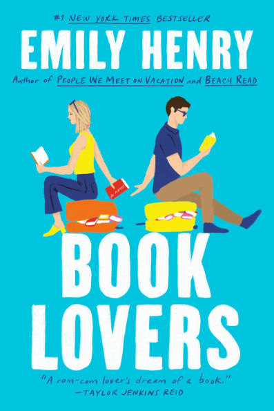 Book cover of "Book Lovers" by Emily Henry. A woman and man sit back-to-back reading books on stacks. Bright blue background.