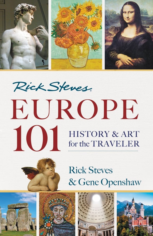 Rick Steves’ Europe 101: History and Art for the Traveler by Rick Steves and Gene Openshaw features little boxes on the edge of the cover with different art pieces popular in Europe. On the edge of the box with the title and author, there is a baby cupid leaning on one of the boxes with an art piece.
