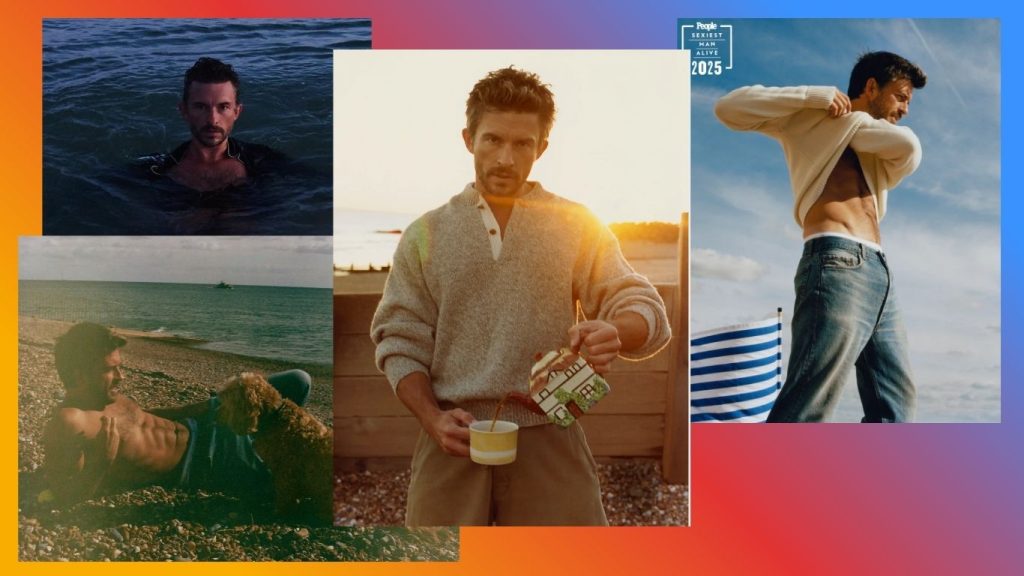 Collage featuring various photos of Jonathan Bailey, a White man, on a rainbow gradient background. From left to right: Bailey submerged in open water save for his head and neck; Bailey lounging shirtless on a beach, watching the ocean waves; Bailey in a gray cardigan by the beach, pouring tea into a mug from a cottage-shaped kettle; Bailey reaching into a white sweatshirt to reveal his abs as he looks out over the ocean.