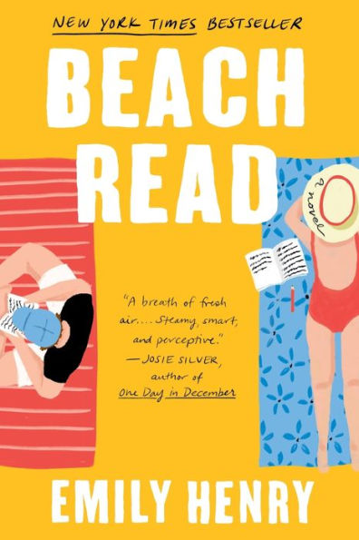 Book cover of "Beach Read" by Emily Henry. It features a bright yellow background with two people reading on beach towels. The title is in large, white text.