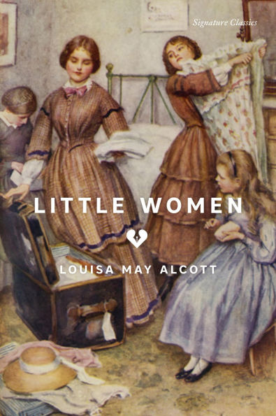 Book cover of "Little Women" by Louisa May Alcott. Four women in period dresses pack a trunk, symbolizing a warm family moment.