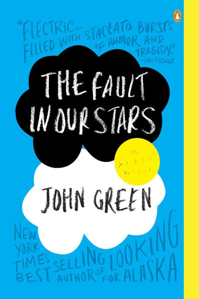 Book cover of "The Fault in Our Stars" by John Green. Features bold, chalk-like text on overlapping black and white clouds against a bright blue background.