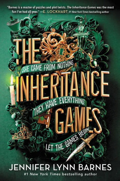 Book cover of "The Inheritance Games" by Jennifer Lynn Barnes featuring intricate green foliage and gold text.