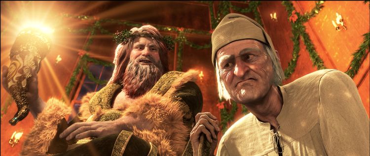 Still from a Christmas Carol depicting the Ghost of Christmas Present (on the left) with a fur coat and a floral crown, and a long beard, looking over at Ebenezer Scrooge (on the right) wearing a beige night hat and gown.