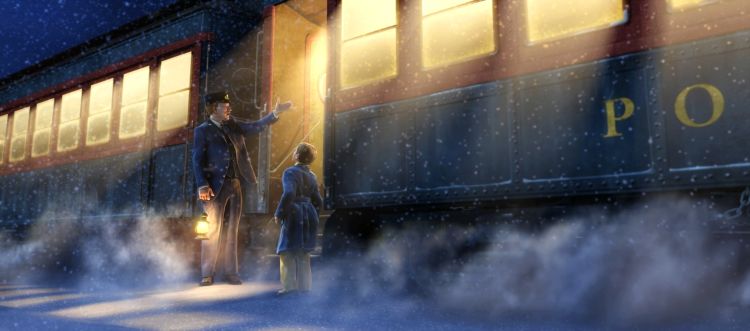 Still from the Polar Express depicting a train conductor holding a lantern, guiding a young boy in a blue robe (Hero Boy) into the open door of the blue and red train.