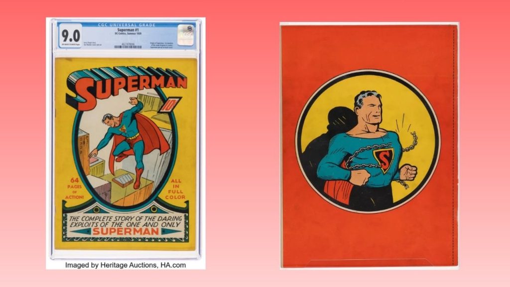 A pink to light pink gradient background with the front and back cover of Superman #1 displayed. The front cover features Superman flying above rooftops, pointing downwards. The back cover has Superman breaking chains that bound him.