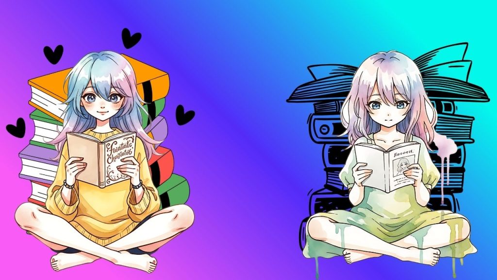 A color-transitioning background features pink, purple, blue, and green. On the left is a blue-and-pink haired anime girl in a yellow sweater reading a book. Behind her is a pile of books and hearts. She is wearing a satisfied smile on her face. On the right is another anime girl reading a book, this one wearing a greenish dress and an unsatisfied expression. Behind her is an uncolored silhouette of a stack of books.