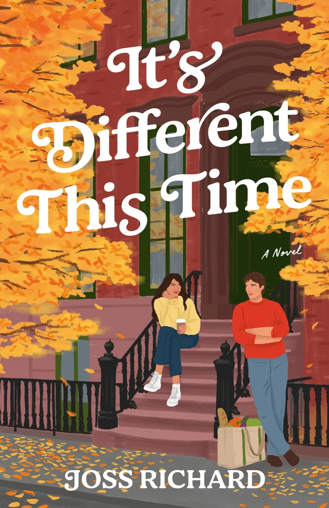 It’s Different This Time by Joss Richard, a warm illustrated romance cover showing a woman sitting on brownstone steps with coffee while a man stands nearby holding groceries. Falling autumn leaves frame the cozy, nostalgic scene.