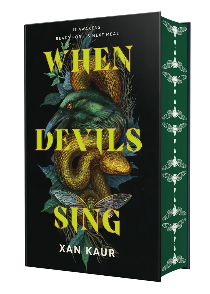 When Devils Sing by Xan Kaur, a mysterious dark green cover featuring a coiled golden snake intertwined with green leaves and a moth. Decorative moth designs line the page edges, enhancing the eerie, atmospheric tone.