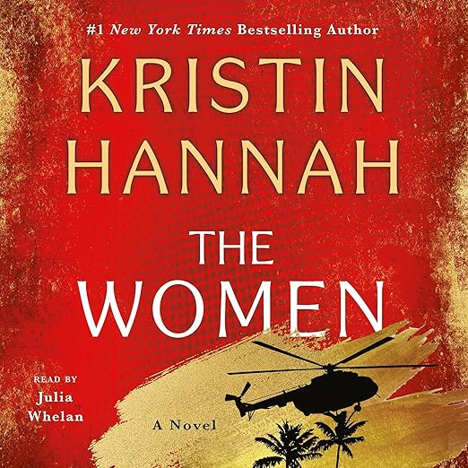 The Women by Kristin Hannah, a historical fiction audiobook cover featuring bold red tones, a helicopter silhouette, and palm trees.
